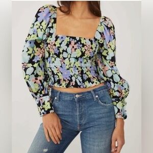 Free People Floral Ariana Smocked Puff Sleeve Top - XS, Blue Green